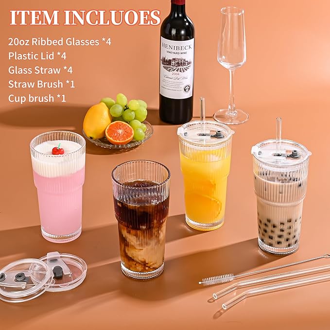 20 oz Ribbed Glass Tumblers With Lids and Straws,Clear Drinking Glasses Set of 4,Reusable Vintage Iced Coffee Cups,Leak Proof Thick Glass Cups for Juice,Cocktail,Smoothie,Beer,Boba