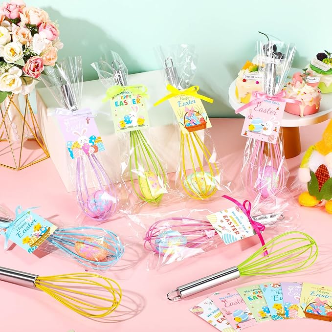 12 Sets 10 Inch Easter Whisks Gifts for Kids Home Baking Sets Includes Colored Whisks, Greeting Cards, Ribbons, Plastic Bags for Happy Easter Teacher Family Friends Neighbor