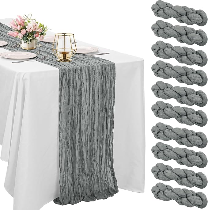 10 Pack Grey Cheesecloth Table Runner 6FT Boho Gauze Fabric Table Runner Vintage Rustic Sheer Runners for Wedding Party Bridal Baby Shower Long Table Decorations