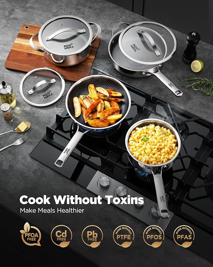 Roomena Saute Pan with Lid, Hybrid Ceramic Nonstick 12 Inch 5-Quart Tri-Ply Stainless Steel Skillet, PFAS/PFOA/PTFE Free, Metal Utensil Safe, Dishwasher & Oven Safe, Induction Compatible