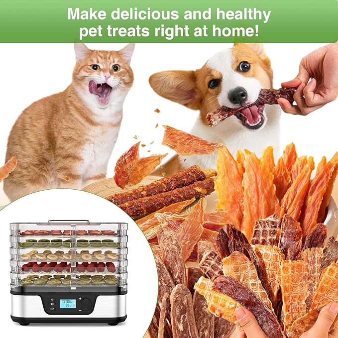 Food Dehydrator, Metallic Silver | 5 Stainless Steel & BPA-free trays, Adjustable Temperature, 72H Timer, Dehydrator for Meats, Jerky, Fruits, Veggies and Pet Treats