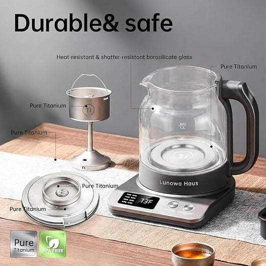 Rufus Titanium & Glass Electric Tea Kettle Tea Maker - Pro Steam Extraction, 11 Temp & 10 Strength Levels, Dry Boil Protection, 12H Auto Warm, 1.2L 600W 120V, BPA-Free with 1 Infusers
