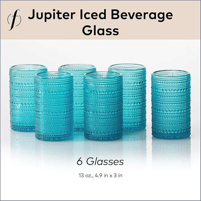 Fortessa Jupiter Beaded Hobnail Glass, 13 Ounce Iced Beverage (Set of 6), Lagoon Blue