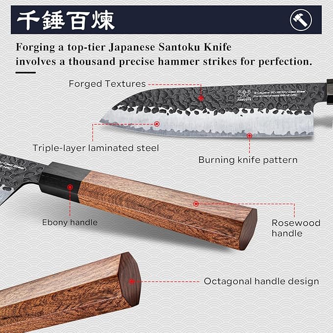 Santoku Knife 7 inch, Hand Forged 5 Layers 9CR18MOV High Carbon Steel Professional Kitchen Knife, Ultra Sharp Rosewood Handle Japanese Sushi Knife As a Thoughtful Christmas Gift for Dad/Mom