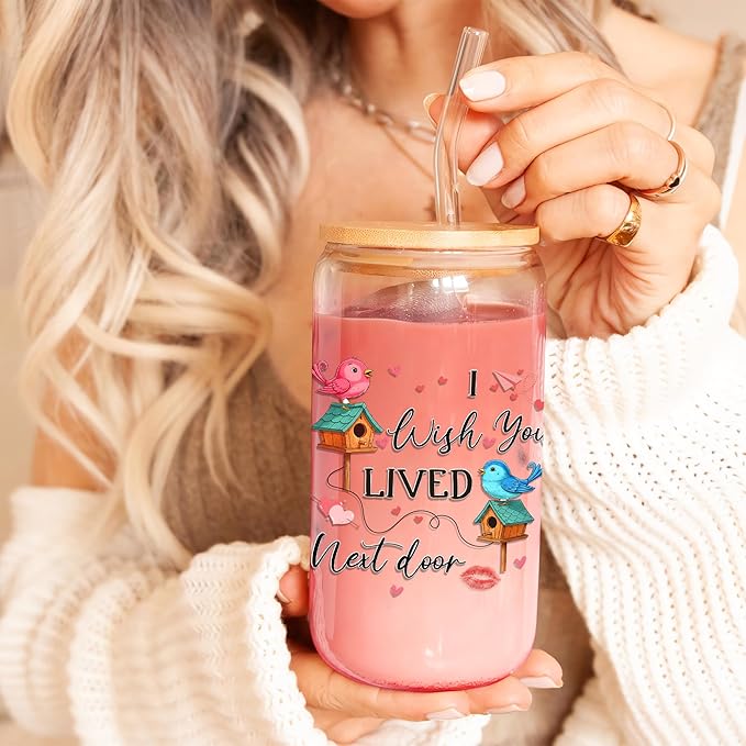Wish You Lived Next Door Glass Cups with Lids and Straws 16 Oz Friendship Iced Coffee Cup Moving Away Drinking Jar for Women Men Long Distance Housewarming Valentines Gift for Soulmate C