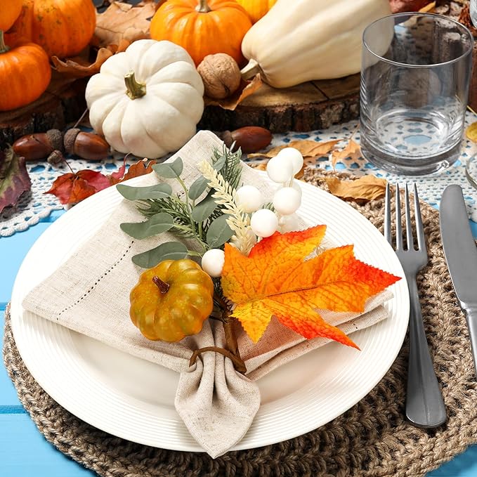 Set of 6 Pcs Thanksgiving Napkin Rings Pumpkin Artificial Maple Leaf Ring Holder for Table Dinner Thanksgiving Retro Pumpkin Napkin Holder for Fall Gathering Wedding Dinner Table Decoration