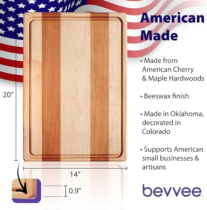 Maple and Cherry Wood Cutting Board - American Made in USA - Unique Kitchen Gifts - Large 14 x 20 inch