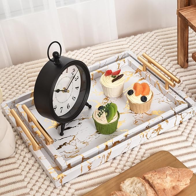 Modern Decorative Tray Set of 2 - White and Gold Marble Wood Serving Tray with Gold Polished Metal Handles for Ottoman, Coffee Table, Bathroom and More