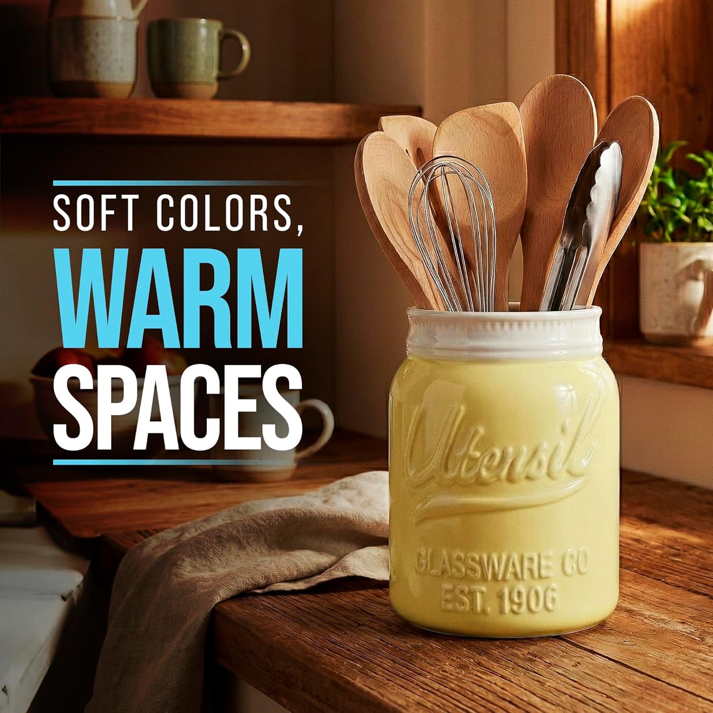Comfify Wide Mouth Mason Jar Utensil Holder Decorative Kitchenware Organizer Crock, Dishwasher Safe - Kitchen Caddy Green, Large Size 7" High - Yellow