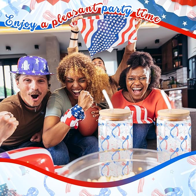 Sliner 2 Pcs Veterans Day Glass Cups Patriotic Bow Gifts Drinking Tumbler 16 oz Iced Coffee Cup with Lid Straw Cleaning Brush for 4th of July Independence Day Summer Home Office Decorations
