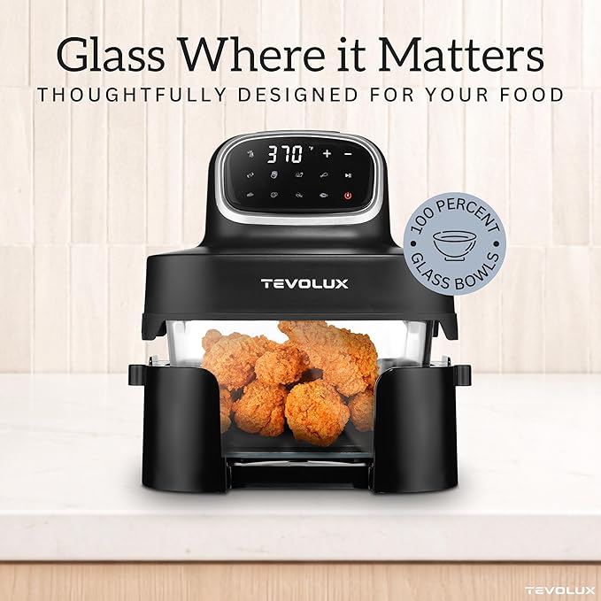TEVOLUX 4-in-1 Portable Glass Air Fryer Cooking System, 1500W, 6.3QT & 4.4QT Glass Containers with Storage Lids, Microwave, Freezer & Dishwasher Safe