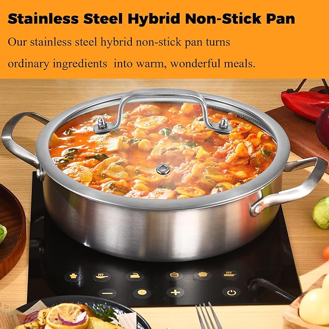 Inqibee 6 QT Hybrid Tri-Ply Stainless Steel Non Stick Sauté Pan with Lid & 8.5-10 Inch Frying Pan, 12 Inch Induction Deep Frying Pan Set, Dishwasher and Oven Safe