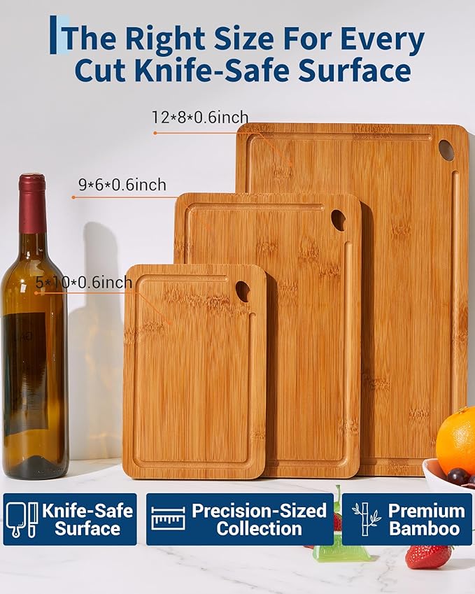 Garvee Bamboo Cutting Board Set of 3, Multi-Sizes Kitchen Cutting Boards with Deep Juice Grooves & Built-in Handle, Wooden Chopping Boards for Charcuterie, Vegetables & Fruit