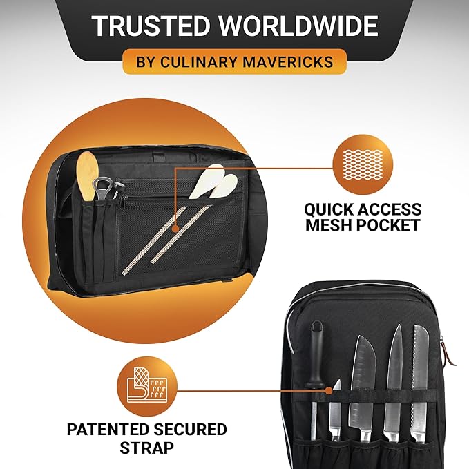 Magnet Chef Knife Backpack | 20+ Pockets for Knives & Tools | Large Pocket for Tablet & Notebooks | Knife Backpack for Chefs (Black)
