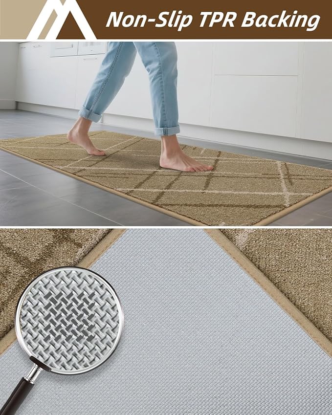 COSY HOMEER Kitchen Mats, 2 PCS Kitchen Rug Non Slip Washable, Absorbent Runner Rugs for Kitchen Floor, Polyester Kitchen Sink Rug 24"x36" + 24"x60"(Beige)