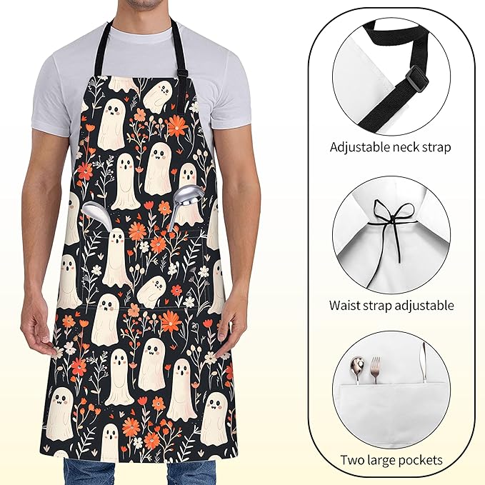 Cute Ghost Apron for Women with Floral,28x33in,Gothic Kitchen Aprons with 2 Pockets, Oxford Fabric, Goth Halloween Adjustable Apron for Cooking Baking Gardening Chef,Gifts for Mom Wife