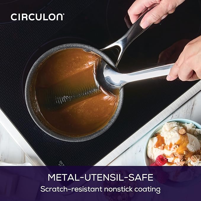 Circulon C1 Series Clad Stainless Steel with ScratchDefense Technology Cookware Nonstick Induction Saucepan with Lid, Metal Utensil Safe, 1.5 Quart - Polished Stainless Steel