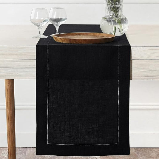 D'Moksha Homes Linen Black Table Runner 144 Inches Long - 100% Pure Linen Extra Long Table Runner 14 x 144 Inch for Spring, Easter - Classic Hemstitch