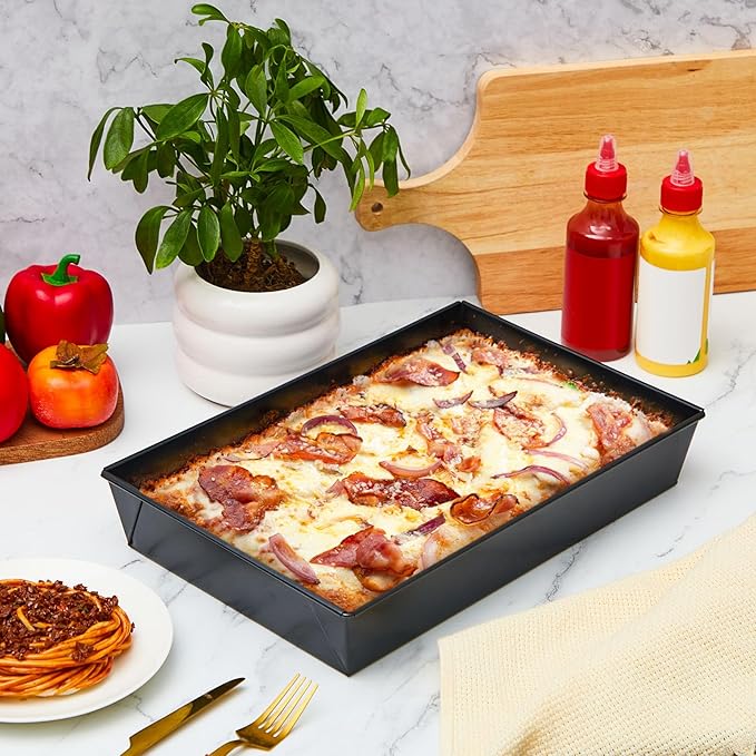 RimCereal 3 Pcs Detroit Style Pizza Pan 10 x 14 x 2.36 Inch Non Stick Rectangle Deep Pizza Pans Pre Seasoned Carbon Steel Sicilian Style Pan Dish Bakeware Kitchenware