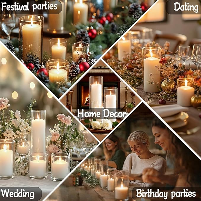 24 Pcs White Pillar Candles and Glass Cylinder Vases Clear Glass Pillar Candle Holders Hurricane Glass Candle Holders for Table Centerpieces Wedding, Party, Event, Home Office