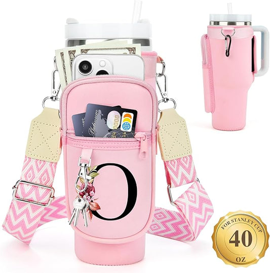 LOKASS Personalized Water Bottle Holder with Strap for Stanley Cup Accessories 40 oz Tumbler, Initial Water Bottle Carrier Bag/Phone Pocket, Mother's Day/Birthday Gifts for Women/Girls