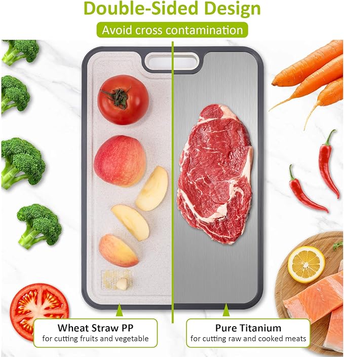 Titanium Cutting Board for Kitchen,Cutting Board Double Sided Food Grade, Pure Titanium and Wheat Straw PP,Chopping Board for Meat/Vegetables, Easy to Clean Large Size 16”×11”