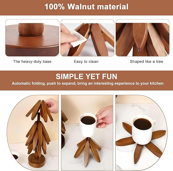 Foldable Kitchen Wooden Trivet Wooden Trivets for Hot Dishes, Tree Shape Trivet Set, 4 Walnut Wood 1 Stand stored Like a Christmas Tree,for Hot Pot Holder, Teapot, Bowl, Hot Dishes (Walnut Wood)