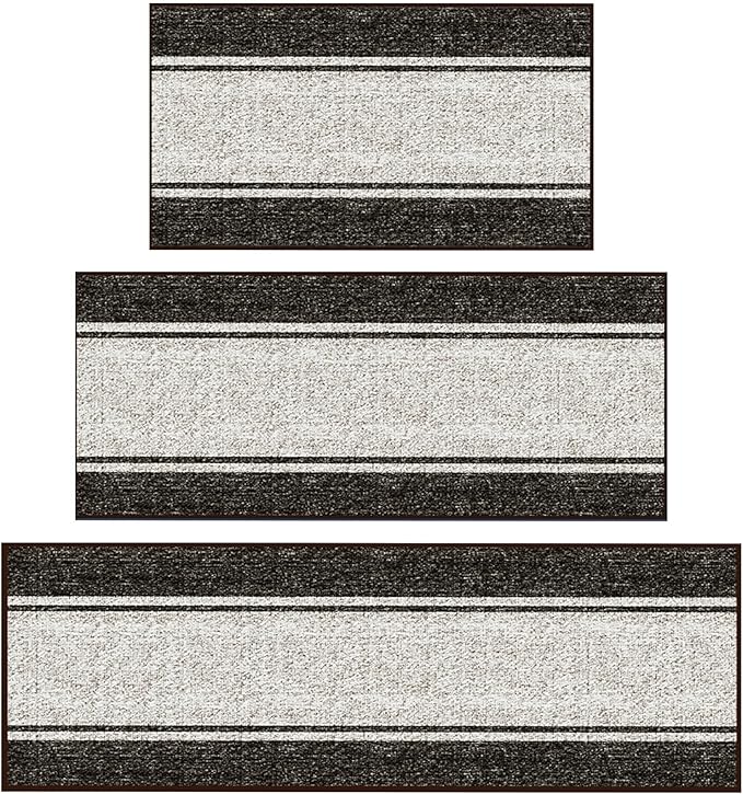 Ottomanson 3-Piece Kitchen Rug Set - Non Slip Runner & Washable Mat - 1'11" x 3' + 1'11" x 4' + 1'11"' x 5' - Durable, Stain Resistant for Entryway, Bedroom and Bathroom, Border Brown