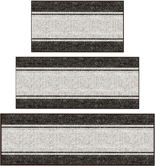 Ottomanson 3-Piece Kitchen Rug Set - Non Slip Runner & Washable Mat - 1'11" x 3' + 1'11" x 4' + 1'11"' x 5' - Durable, Stain Resistant for Entryway, Bedroom and Bathroom, Border Brown
