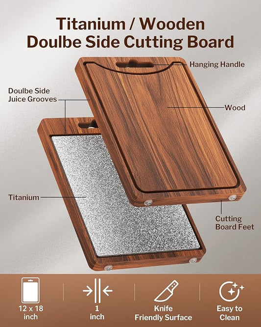 1" Thick Non Slip Dual Sided Cutting Board - Wood &GR1 Titanium, 18" Extra Large with Handle for Hanging, Juice Groove & Non-Slip Feet, Heavy Duty for Professional Kitchen