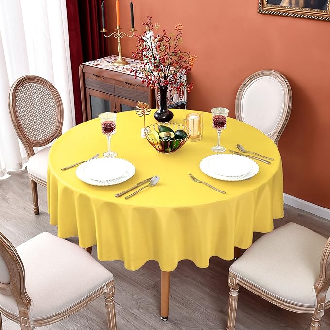 MEANMOY Yellow 210 GSM Water & Stain Resistant Round Tablecloth for Circle Table - Solid 70 Inch Table Cloth Cover in Wrinkle Free Durable Washable Polyester Fabric for Wedding, Party, Banquet