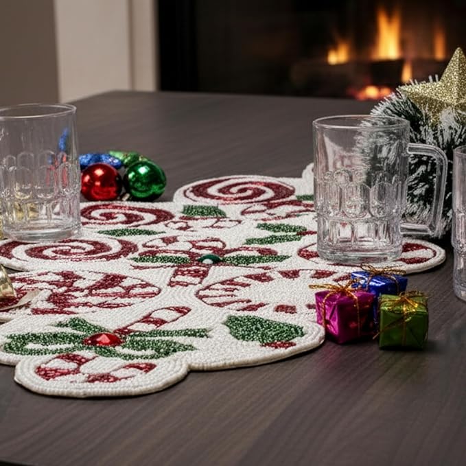 Luxury Beaded Runner 36 inch- Premium 13x36 Inch Candy Beaded & Polyester Christmas Beaded Runner - Decor for Home, Dining Tables, Weddings & Holiday Celebrations (White Red Green) - ALPHA Living HOME