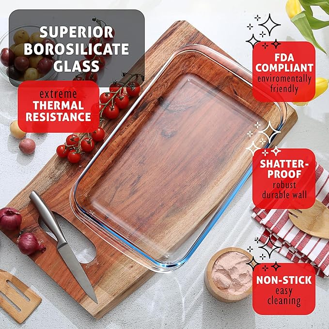 EATEX 7 Pack Glass Food Storage Containers with Lids, Baking Pans Set, Glass Baking Dishes for Oven | 3 Bread Pans for Bread Baking | 4 Casserole Dish Lasagna Pans, Oven Microwave Freezer Safe