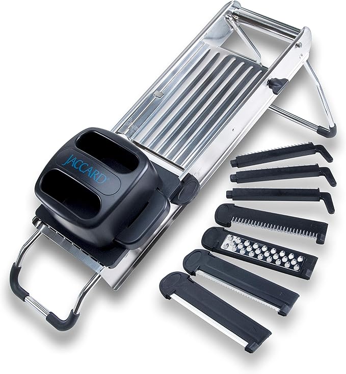 Jaccard Stainless Steel SafeHands Mandolin Slicer, Food Chopper, Compact Vegetable Chopper with Seven Interchangeable Blade Cartridges, Easy to Use and Store, Dishwasher-Safe