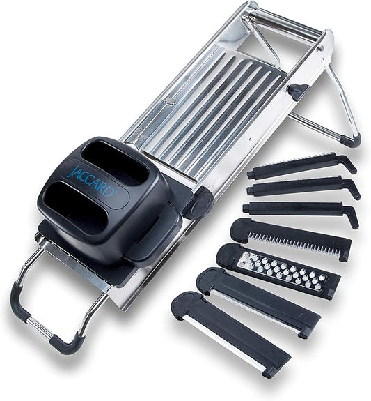 Jaccard Stainless Steel SafeHands Mandolin Slicer, Food Chopper, Compact Vegetable Chopper with Seven Interchangeable Blade Cartridges, Easy to Use and Store, Dishwasher-Safe