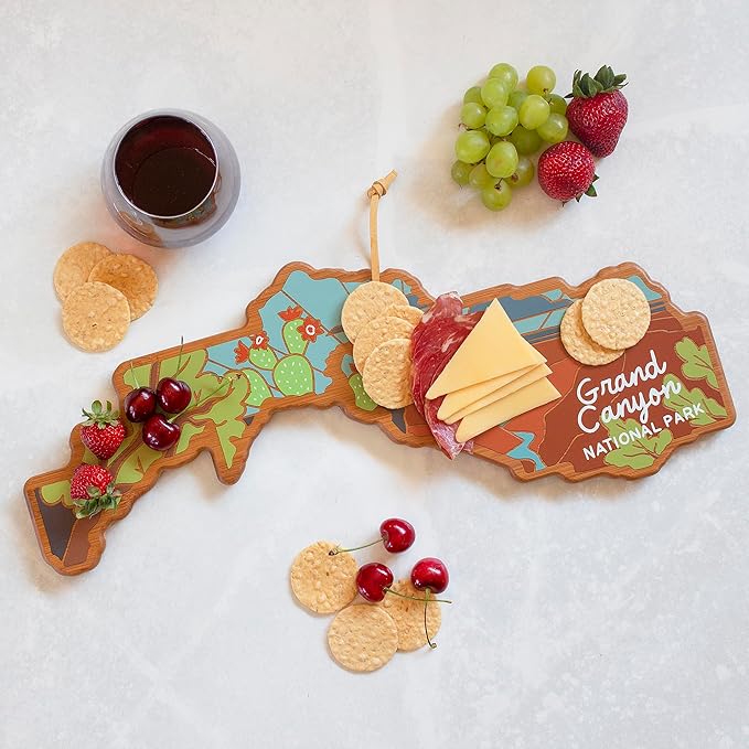 Totally Bamboo Grand Canyon National Park Shaped Cutting Board and Charcuterie Serving Platter with Artwork by Summer Stokes, Includes Hang Tie for Wall Display