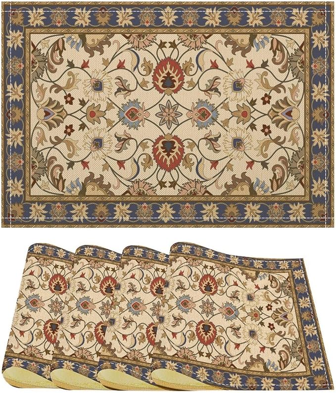 Boho Flower Placemats Country Style Retro Floral Art Printed Dining Table Mats Set of 4 for Restaurant Home Kitchen Holiday Picnic Party Decor 12x18in