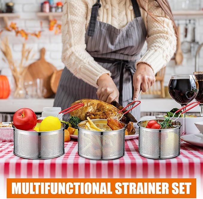 Patelai 3 Pcs Pasta Strainer 5.5" 6.3" 7.1" Metal Noodle Strainer with Long Removable Handle 304 Stainless Steel Deep Fryer Basket Pasta Noodle Basket Kitchen Colander for Washing Frying Boiling
