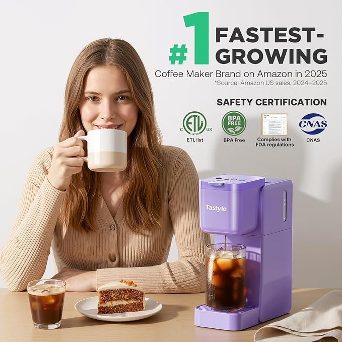 Tastyle Single Serve Coffee Maker Hot and Iced with Bold Brew, Small Coffee Machine for K Cup and Ground, Fits 7.3'' Travel Mug, Brews up to 16 Oz, 5 Cup Sizes, Compact for Office, RV& Hotel, Purple
