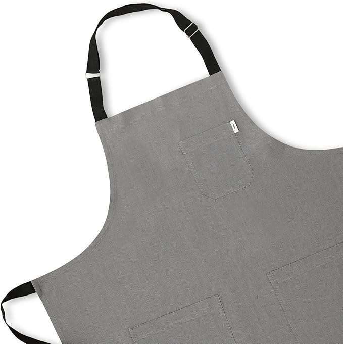Solino Home Linen Bib Apron for Men & Women - 33 x 30 Inch Kitchen Apron with Front Pockets - Handcrafted from European Flax