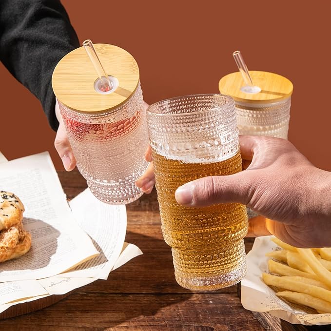Drinking Glasses with Bamboo Lids and Glass Straw 4pcs Set,16oz Glass Tumbler Cups,Water Glasses,Iced Coffee Glasses,iced Tea Glasses,Beer Glasses,Ideal for Whiskey,2 Brushes