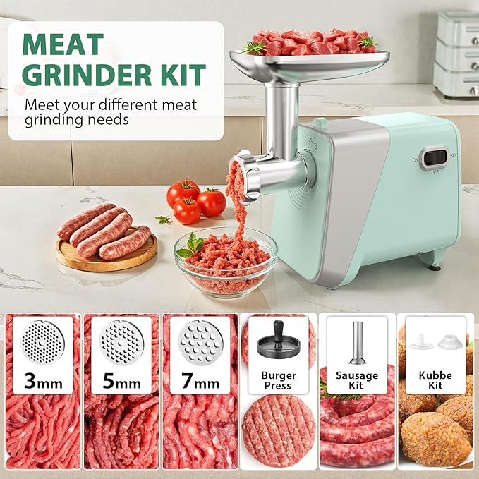 #8 Electric Meat Grinder & Sausage Stuffer - 2800W Heavy Duty Pure Copper Motor, 3 Grinding Plates, Stainless Steel Sausage Maker Machine, Hamburger Press - Easy to Clean, Ideal for Home Use