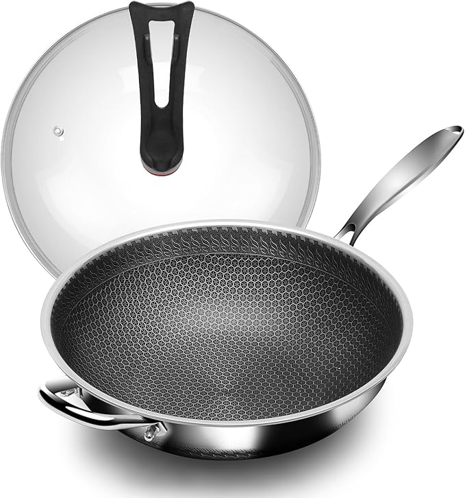Boryenty Wok Pan 12 Inch with Lid, Hybrid Stainless Steel Wok, Honeycomb Wok Pan Flat Bottom Stir Fry Pan, 18/10 Stainless Steel, Metal Utensil Safe, Dishwasher & Oven Safe