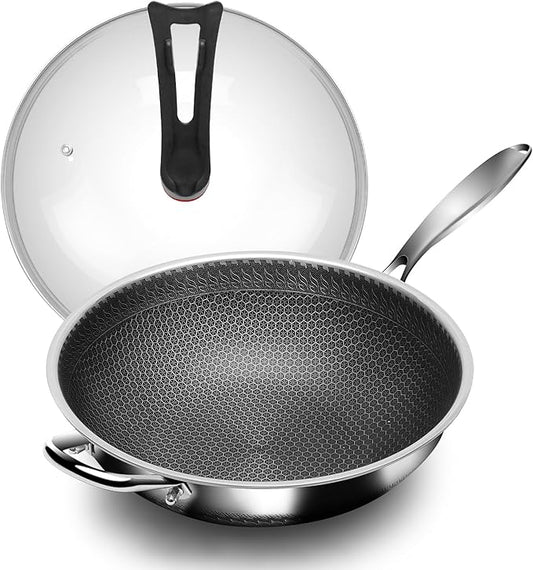 Boryenty Wok Pan 12 Inch with Lid, Hybrid Stainless Steel Wok, Honeycomb Wok Pan Flat Bottom Stir Fry Pan, 18/10 Stainless Steel, Metal Utensil Safe, Dishwasher & Oven Safe