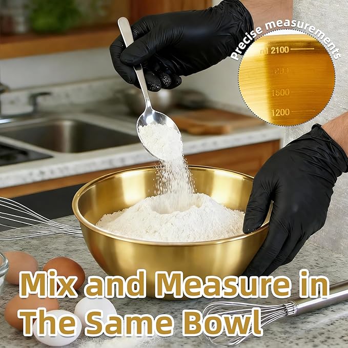 fecoqi 3-Piece Stainless Steel Golden Mixing Bowls (8.26") Metal Bowl with Measurement Marks, Dishwasher Safe & Stackable - Perfect for Baking, Salad Making, Meal Prep