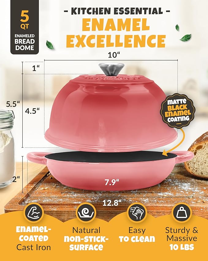 CRUSTLOVE Dutch Oven Bread Baking - 5QT Enamel Bread-Oven - incl Sourdough Bread-Baking Suppliers like Dough Whisk Scoring Lame etc Bread-Dome Cast Iron Bread-Pan with Lid for Sour dough, Bread-making