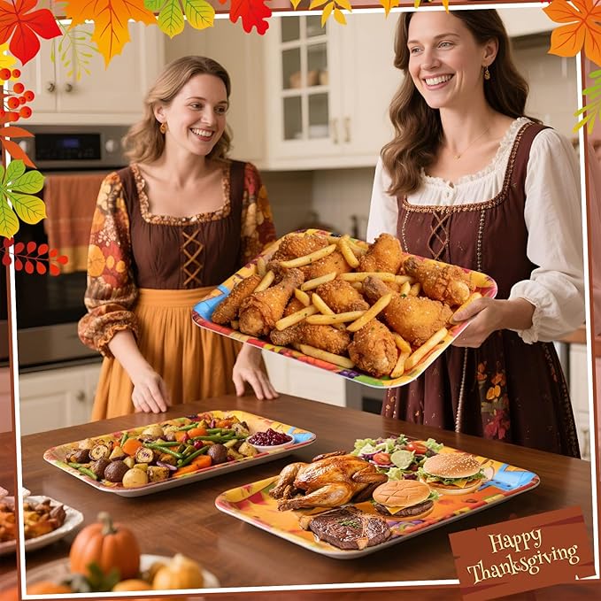 Vesici 4 Pack Thanksgiving Melamine Serving Trays, 13 x 10 Inch Rectangular Autumn Platters with Turkey & Harvest Designs, Durable Serving Plates for Holiday Buffet, Friendsgiving, Snacks & Appetizers