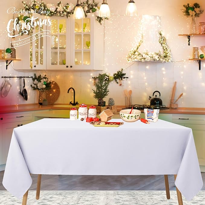 Biscaynebay Textured Fabric Tablecloth 60x84 Inches Rectangular, White Water Resistant Tablecloths for Dining, Kitchen, Wedding and Parties etc. Machine Washable