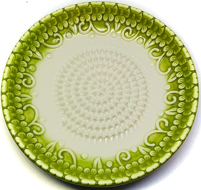 All-in-one Premium Ceramic Garlic Grater Plate 4-Piece Set - Green Embossed Design and Style - For Garlic, Ginger, Chocolate, and more! - Comes with 5.25" Plate, Peeler, Brush, and Stand