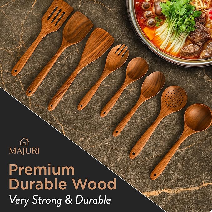 10-Piece Wooden Utensil Set with Holder, Spoon Rest & Hooks – Durable Non Toxic Cooking Utensils - Wooden Spoons for Cooking, Ideal Kitchen Utensil Set for Cooking Enthusiasts & House Warming